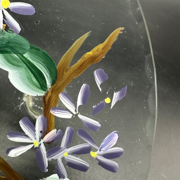 Hand Painted Glass Plate Bees Purple Flowers Decorative Floral Botanical Footed - Picture 5 of 9